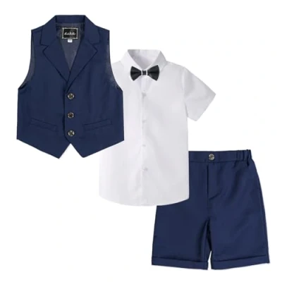 Imagen de 4 Piezas Traje Corto de Boda para niños, Conjunto Ropa Ceremonia, Camisa + pantalón Chaleco Pajarita, Azul Oscuro, 110
