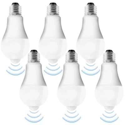 Imagen de Pack de 6 bombillas LED E27 con sensor movimiento, bombilla PIR lámpara 12W blanco frío 6500K luz ahorro energía para pasillo, garaje, escaleras, balcón