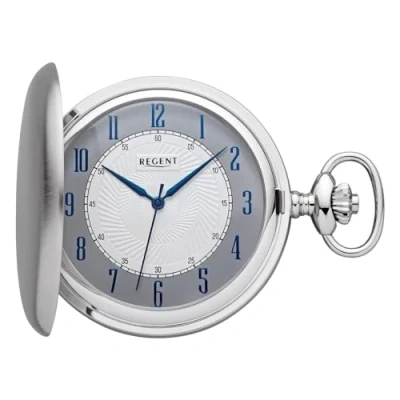 Imagen de REGENT Reloj de bolsillo para hombre Savonnette Tapa Cromado 50 MM Cuarzo Blanco Esfera Gris Números árabes, P 726 Manecillas azules/mate liso, Clásico