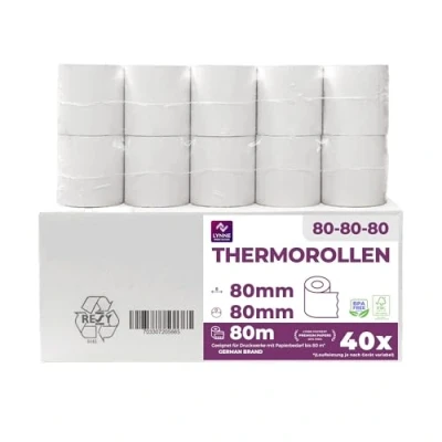 Imagen de papel térmico 80x80 Rollo para impresora termica Rollos de tickets 80mm 80x80x12 caja registradora negocio y bar (40 ud.)