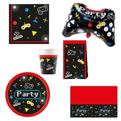 Imagen de Procos DY10273855 Gaming Party Set Grande, platos, servilletas, vasos, bolsas, mantel, globo de papel aluminio, decoración mesa, cumpleaños
