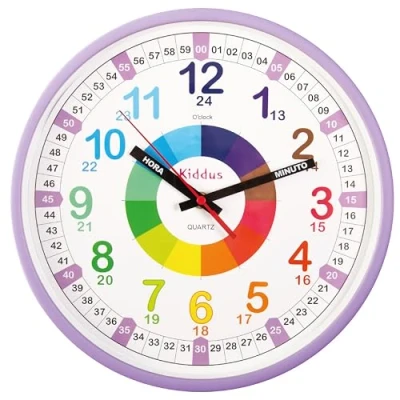 Imagen de Kiddus Reloj Pedagógico para Niñas y Niños. De Pared, Grande 30 cm. Analógico. Mecanismo Silencioso. Aprende la Hora. Sistema Time Teacher. Ejercicios Incluídos. Modelo: XL Purple ES