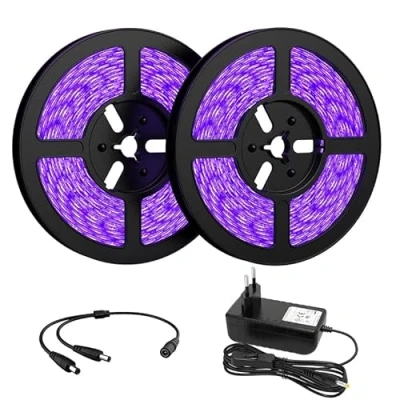 Imagen de Onforu 10 M Luz UV Tiras, Cadenas LED Ultravioleta 600 LEDs 12 V 2835 Negra, Adaptador Incluido, Iluminación Interior Flexible para Bar Club DJ Disco Fiesta KTV Pintura Corporal