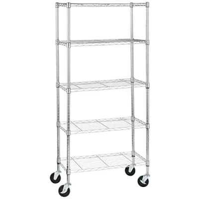 Imagen de Amazon Basics Unidad de almacenamiento mediana 5 baldas con ruedas 4 inch estantes ajustables en altura y pies niveladores, peso máximo 680 kg, Cromado, 36 x 152 76 cm (D W H)