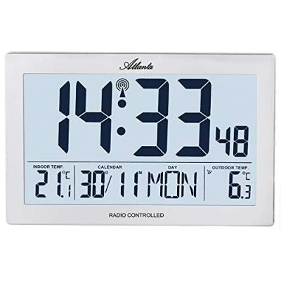 Imagen de Atlanta 4509 Reloj de pared digital con indicador temperatura, interior y exterior, rectangular, color plateado