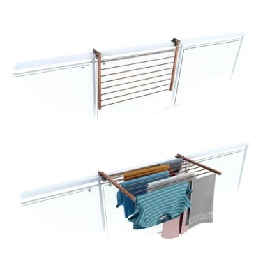 Imagen de foxydry Duo Tendedero de balcón plegable, para exterior, resistente, acero inoxidable y aluminio, barandilla balcón, terraza, acabado Corten, longitud 82 cm