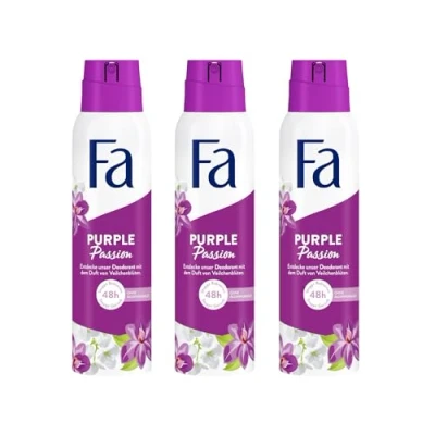 Imagen de Fa desodorante en spray Purple Passion (3 x 150 ml), con el refrescante aroma de flores violeta, sin aluminio para hasta 48 h protección, no deja residuos la ropa