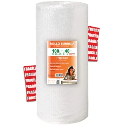 Imagen de OFITURIA papel Burbujas Embalaje 100cm x 40m Pack Frágil con 12 Etiquetas FRÁGIL ideal para embalaje, burbuja, mudanza, bubble wrap