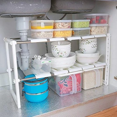 Imagen de Estante organizador ajustable extensible multiusos para cocina, baño, debajo del lavabo, color blanco