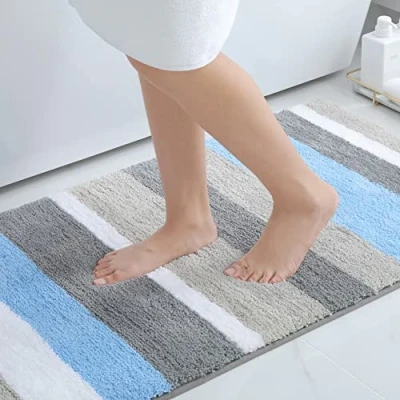 Imagen de Homaxy Alfombra de baño Antideslizante, a Rayas Microfibra Suave, Absorbente Pelo Largo, Lavable máquina, 60 x 120 cm, Azul/Gris
