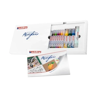 Imagen de edding juego de iniciación acrílico grande 12 rotuladores acrílicos (básico) resistentes al agua fino medio ancho y 1 tubo pintura acrílica, bloc láminas incl. para lienzo, madera, piedra