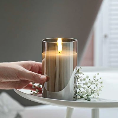 Imagen de Festive Lights Velas cilíndricas de cristal gris ahumado con llama auténtica, funcionan pilas, luces LED parpadeantes color blanco cálido (sin control remoto, mediano)