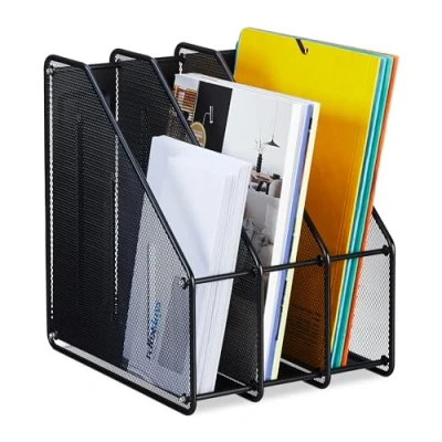 Imagen de Relaxdays Organizador de pie Archivador Malla Metálica 3 Compartimentos, A4, 31,5 x 24 29 cm, Oficina y Teletrabajo, Negro, Acero, 31.5 cm