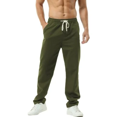 Imagen de Hoerev Pantalones de Lino Informales Verano para Hombre Estilo Playero,Verde,XXX Large