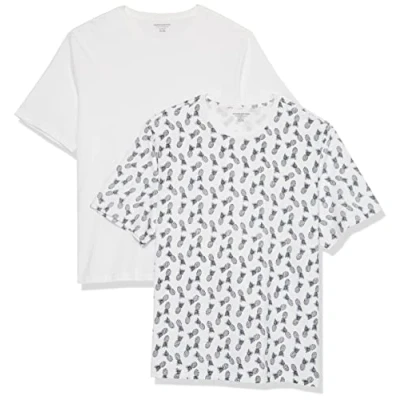 Imagen de Amazon Essentials Camiseta de manga corta, cuello redondo y corte recto Hombre, Pack 2, Blanco Brillante/Blanco Estampado Piñas, XXL
