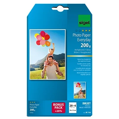 Imagen de SIGEL IP718 Papel fotográfico Everyday para impresoras InkJet, tamaño 10 x 15 cm, alto brillo, 200 g, 20 hojas + 4 gratuitas