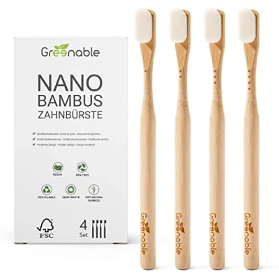 Imagen de Greenable ® Cepillo de dientes Nano bambú [juego 4] 20.000 cerdas extra suaves 100% libre BPA vegano y ecológico (blanco)