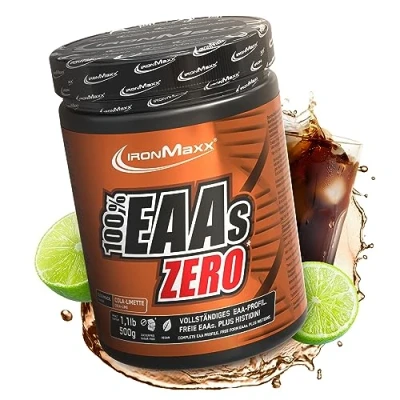 Imagen de IronMaxx 100% EAAs Cero Cola Lima bote de 500g polvo EAA, vegano y sin azúcares con todos los 8 aminoácidos esenciales sabor afrutado, conservantes