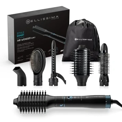 Imagen de Bellissima Style Expert Air Wonder 6en1, Cepillo de Aire Caliente, Moldeador, 6 Accesorios, Tecnología Ion, Cepillos Recubiertos Cerámica y Aceite Argán, Seca Aporta Volumen, Golpe Frío