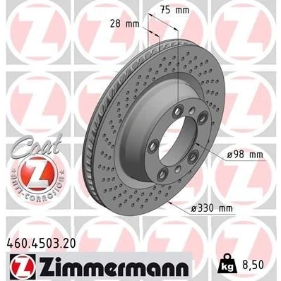Imagen de ZIMMERMANN COAT Z 460.4503.20 Disco de freno 330 28 7/5 5 130 ventilación interna, perforado revestido PORSCHE: 911 Targa, Coupé