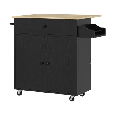 Imagen de HOMCOM Isla de Cocina con Ruedas Carrito Mueble Auxiliar ala Abatible 2 Puertas Cajón Especiero Toallero y Estante Ajustable 106x42x87 cm Negro Roble