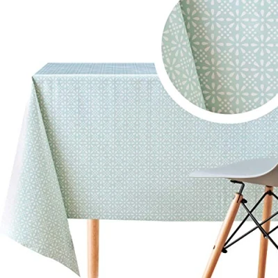 Imagen de Patrón de Retro Flores Mantel PVC en Color Menta Huevo Pato Hule 200 x 140 Fácil Limpiar Mesa Rectangular Para Comedor Cocina Plástico Hules Mesas Rectángular