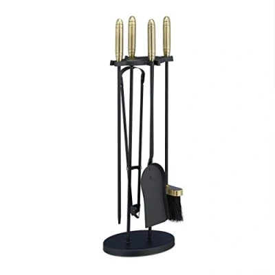 Imagen de Kit de chimenea, Set 5 accesorios, Cepillo, Recogedor, Atizador, Tenazas &amp; Soporte, Acero Latón, Negro
