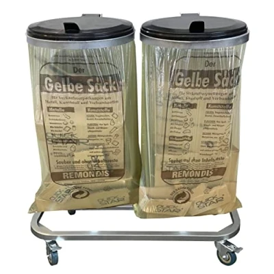 Imagen de Soporte doble para bolsas de basura (galvanizado, con 4 ruedas, 120 L), color amarillo