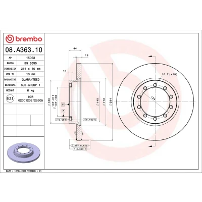 Imagen de BREMBO 08.A363.10 Disco de freno 284 16 5 macizo FORD: Transit Mk6 Furgón, Camión plataforma/Chasis, Bus