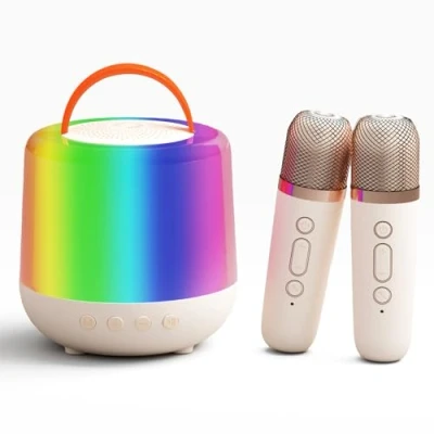 Imagen de Brovamo Karaoke Maschine Infantil, 2 Microfonos Inalambricos, Microfono Niños y Niñas, Micrófono Niña con Luces LED 5 Efectos de Sonido (Crema)