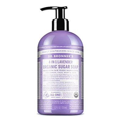 Imagen de Dr Bronner Jabones orgánicos con bomba de azúcar, lavanda, hechos aceites orgánicos, azúcar y polvo Shikakai, utilizados para manos, cuerpo, cara cabello, aptos veganos, botella 335 ml
