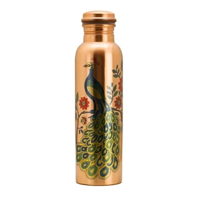 Imagen de Zap Impex Travellers botella de agua cobre puro pavo real impreso para beneficios ayurvédicos sin articulaciones