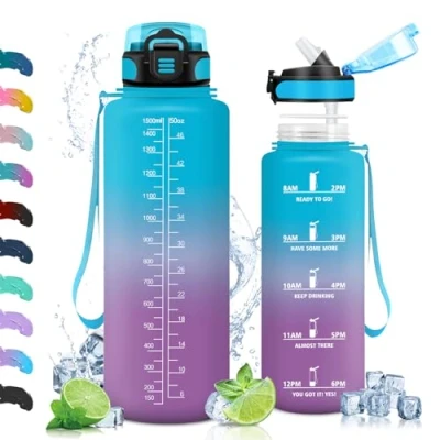 Imagen de Vikaster Botella, 1500ml Botella con Pajita, Botellas Agua sin BPA, Fácil de Abrir, a Prueba Fugas, Reutilizable, Gimnasio, Running