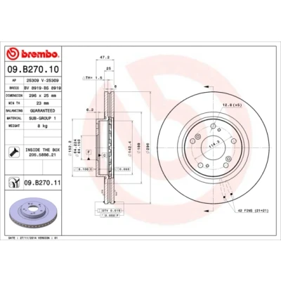 Imagen de BREMBO 09.B270.10 Disco de freno 296 25 5 ventilación interna con tornillos HONDA: ACCORD 8, 8 Kombi