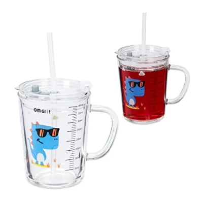 Imagen de Relaxdays Set de 2 Vasos Infantiles, Diseño Dinosaurio, Jarrita Agua Niños, con Asa, Tapa y Pajita, 400 ml, Transparente, 450 ml