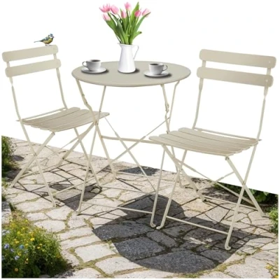 Imagen de TecTake® Conjunto Muebles Jardín Exterior de Mesa Bistró y 2 Sillas, Plegables, Tapas Antideslizantes, Sillas Terraza Estilo Retro con Estructura Acero, Ideal Balcones Pequeños Crema