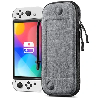 Imagen de Fintie Funda Portátil Compatible con Nintendo Switch/Switch OLED (2021) [Súper Fina] Estuche Dura Antichoque 10 Ranuras para Tarjetas y Correa de Mano, Tela Gris