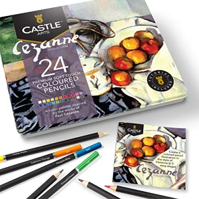 Imagen de Castle Arts 24 lápices de colores en un estuche metal, inspirado Cezanne. Perfecto para dibujar, hacer bocetos, colorear. Con núcleos blandos, mezcla superior y juego capas