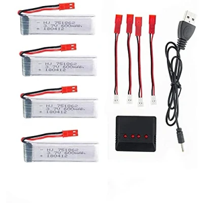 Imagen de YUNIQUE GREEN CLEAN POWER Juego de 4 Baterías LiPo Recargables 3.7V 600mAh para Drones RC Compatibles con UDI U817, WLtoys V959, Helicóptero Cargador Incluido 65X17X8 mm 17,5 g