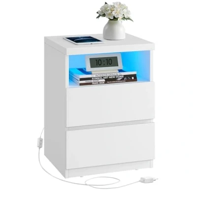 Imagen de VASAGLE Juego de 2, Mesita Noche con Iluminación LED Ajustable, Auxiliar Cajones, Cajonera, Mesa Lateral, para Dormitorio, Sala Estar, Estilo Moderno, Blanco Nube LET834W01