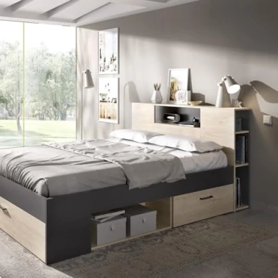 Imagen de DEKIT GRUPO RIMOBEL LANKA cama de matrimonio con almacenaje en cabecero y bajo Natural / Grafito 95x149x218 cm