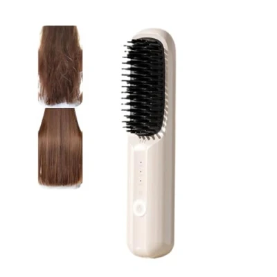 Imagen de Plancha De Pelo Recargable, Cepillo Alisador Multifuncional Sin Cable, Peine Caliente, Recargable USB Con 3 Niveles Calentamiento Para Todo Tipo Cabello (Beige)