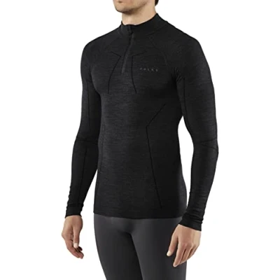 Imagen de FALKE Wool Tech High Zip Neck M L/S SH lana hilo funcional secado rápido calida 1 pieza, Capa de base superior Hombre, Negro (Black 3000), S