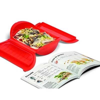 Imagen de Lékué Kit Estuche de vapor, 3,4 personas + libro recetas, Silicona platino Rojo, 1400 ml