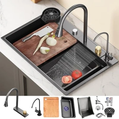 Imagen de DSMRLEOP fregadero de cascada negro, cocina multifuncional 304 acero inoxidable, con grifo y otros accesorios (Color : S 75x46cm)