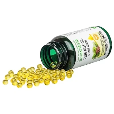 Imagen de Aceite de nuez pino verde siberiano con cápsulas resina pino, 200 blandas, cosechadas silvestres, Siberia Altai, prensadas en frío, sin refinar
