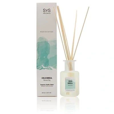 Imagen de Ambientador Mikado con Varillas Cielo Boreal 100ml SYS Aromas. Difusor de Esencia para Casa Aroma a Bergamota, Vainilla y Madera. Hogar Decoración.