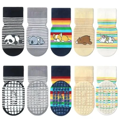 Imagen de FedMois Calcetines Antideslizantes de Algodón para Bebé Niño Niña Pack 5, Animales, 1 3 años