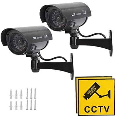 Imagen de TIMESETL Camara Vigilancia Falsa 2Pcs Cámara Simulada de Seguridad con LED Rojo Parpadeante Soporte Pared Exterior Interior, Negro, Sólo movimiento