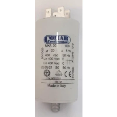 Imagen de Condensador permanente para motor, 20uF, 450V, polipropileno metalizado, terminal Faston doble, Comar